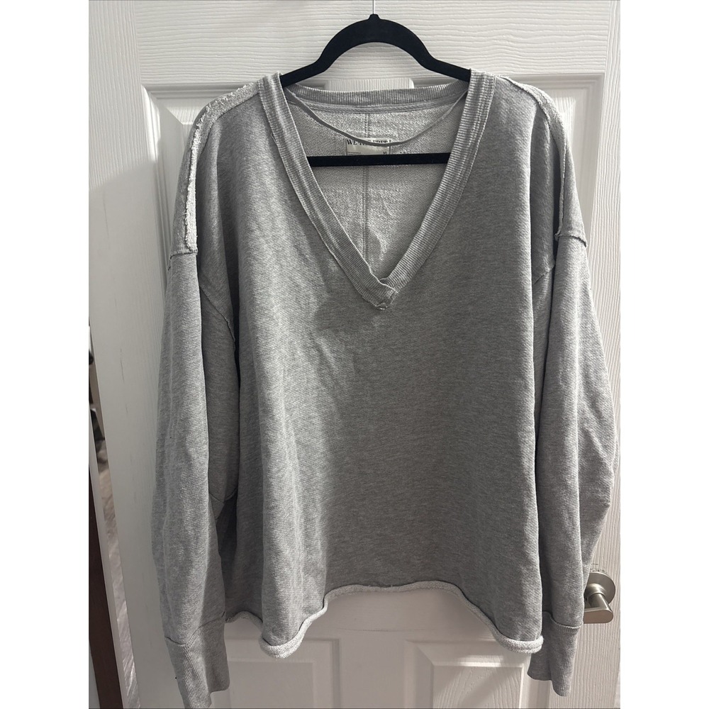 We The Free Venice V-Neck Oversized Gray Sweatshirt Top Size Medium Boho Comfort